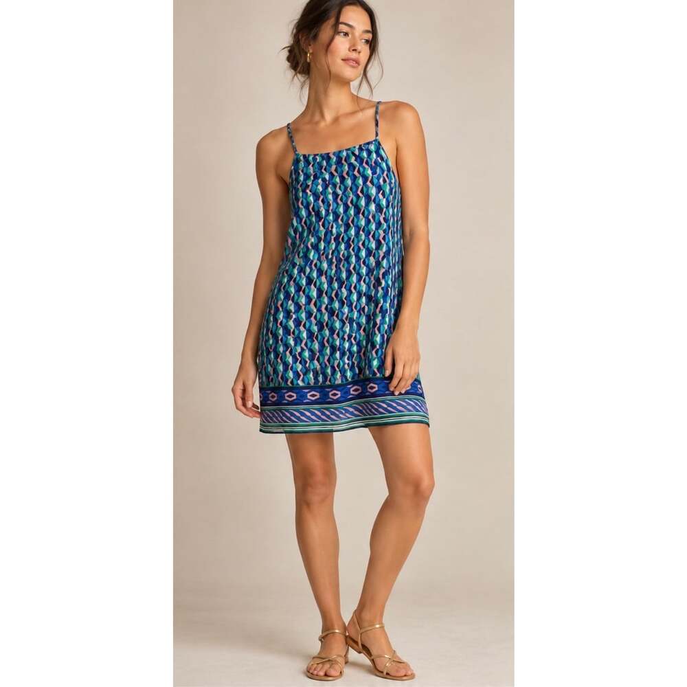 Maeve Anthropologie 100% Silk Slip Dress XS Blue Green Geometric Boho EUC